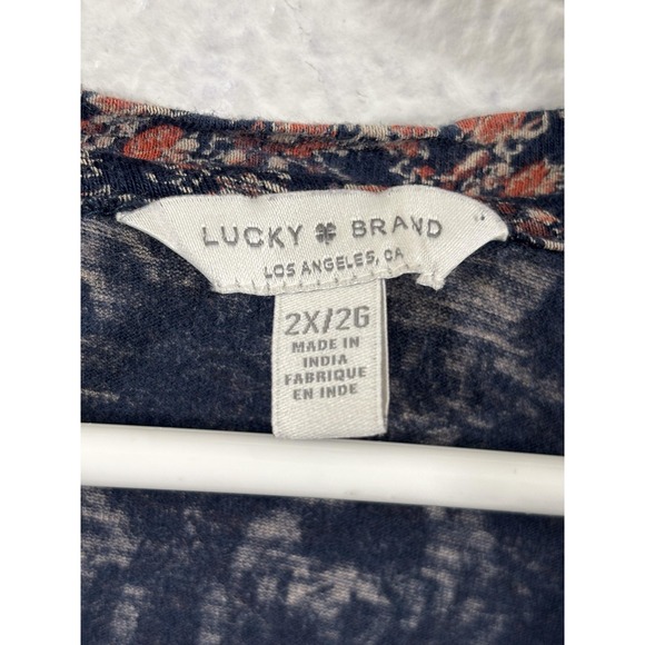 Lucky Brand Shirt Womens 2X Blue Boho Floral Paisley V Neck Short Sleeve Top - Picture 4 of 7